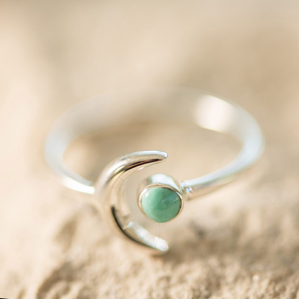 Faux Turquoise Crescent Moon Ring Silver