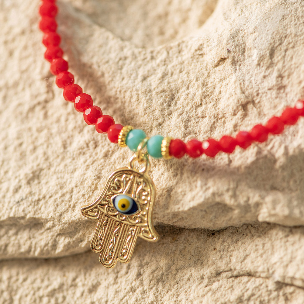 Hamsa Bracelet with Red Beads