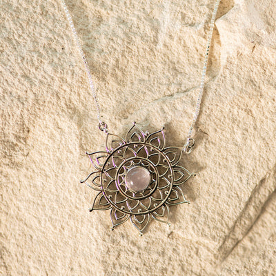 Mandala Rose Quartz Silver Necklace