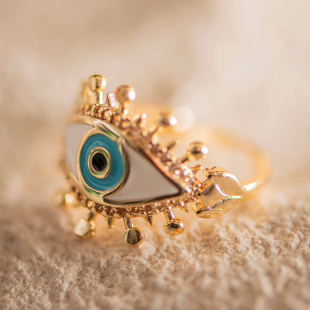 Large Evil Eye Brass Adjustable Ring White