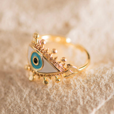 Large Evil Eye Brass Adjustable Ring White