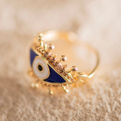 Large Evil Eye Brass Adjustable Ring Dark Blue