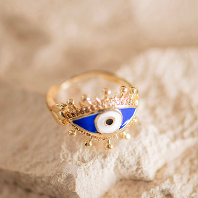 Large Evil Eye Brass Adjustable Ring Dark Blue