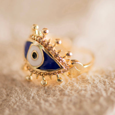 Large Evil Eye Brass Adjustable Ring Dark Blue