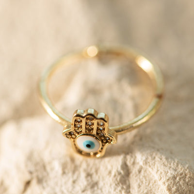 Evil Eye Hamsa Brass Adjustable Ring White