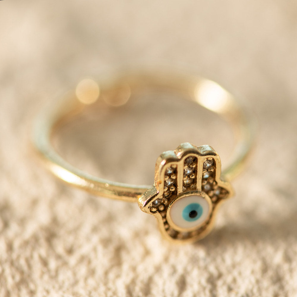 Evil Eye Hamsa Brass Adjustable Ring White