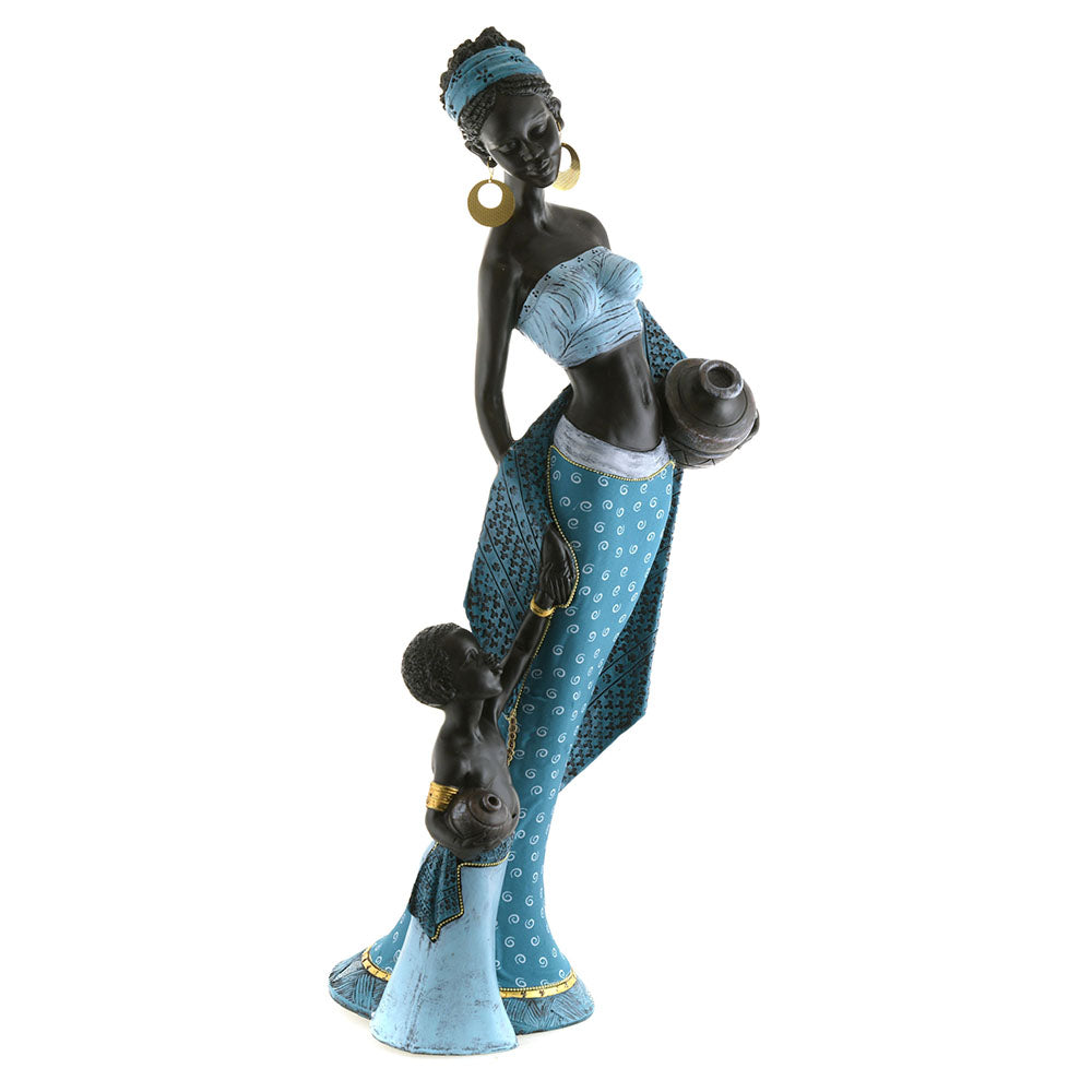 African Lady Standing with Child Statue Aqua/Teal 61x23cm