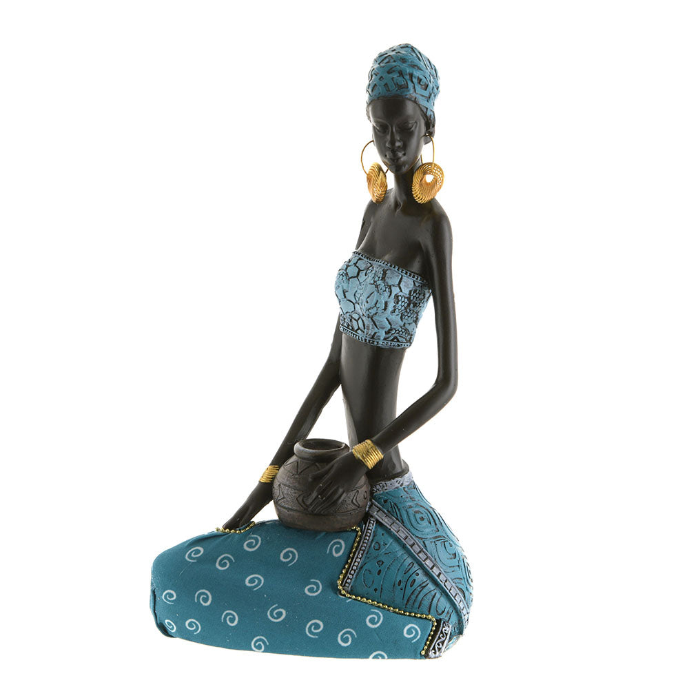 African Lady Sitting Statue  Aqua/Teal 23x13cm