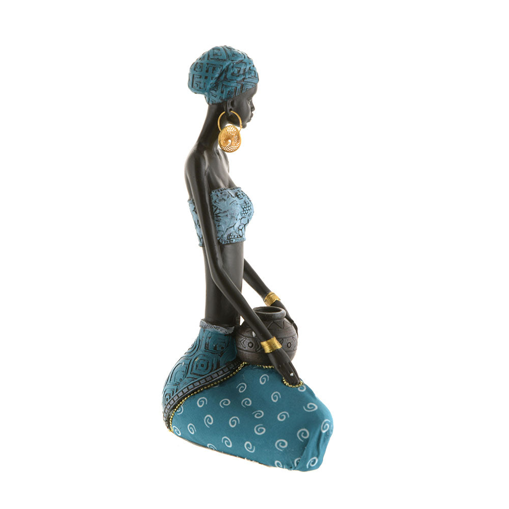 African Lady Sitting Statue  Aqua/Teal 23x13cm