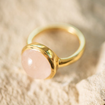 Rose Quartz Oval Ring Gold Plated SS