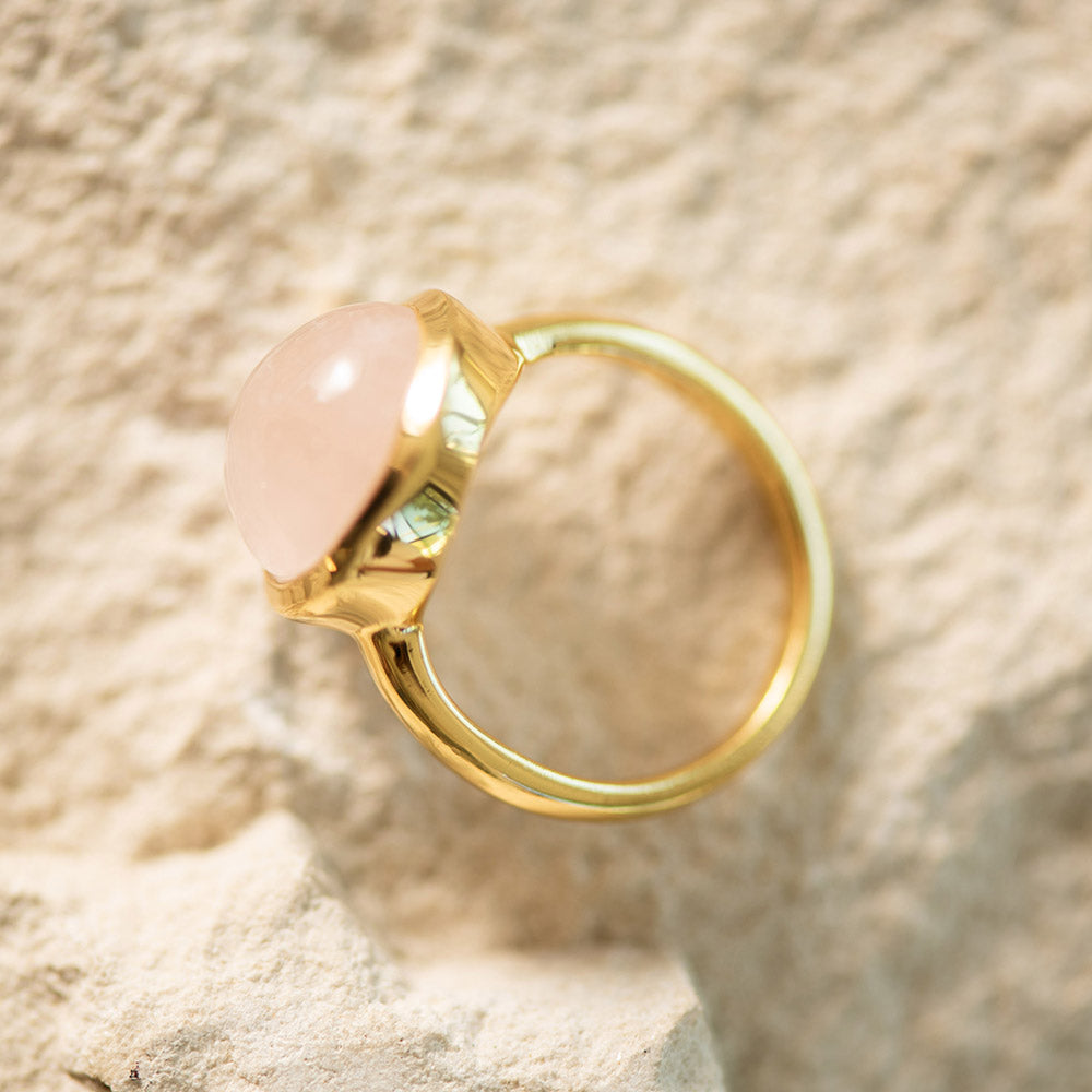 Rose Quartz Oval Ring Gold Plated SS