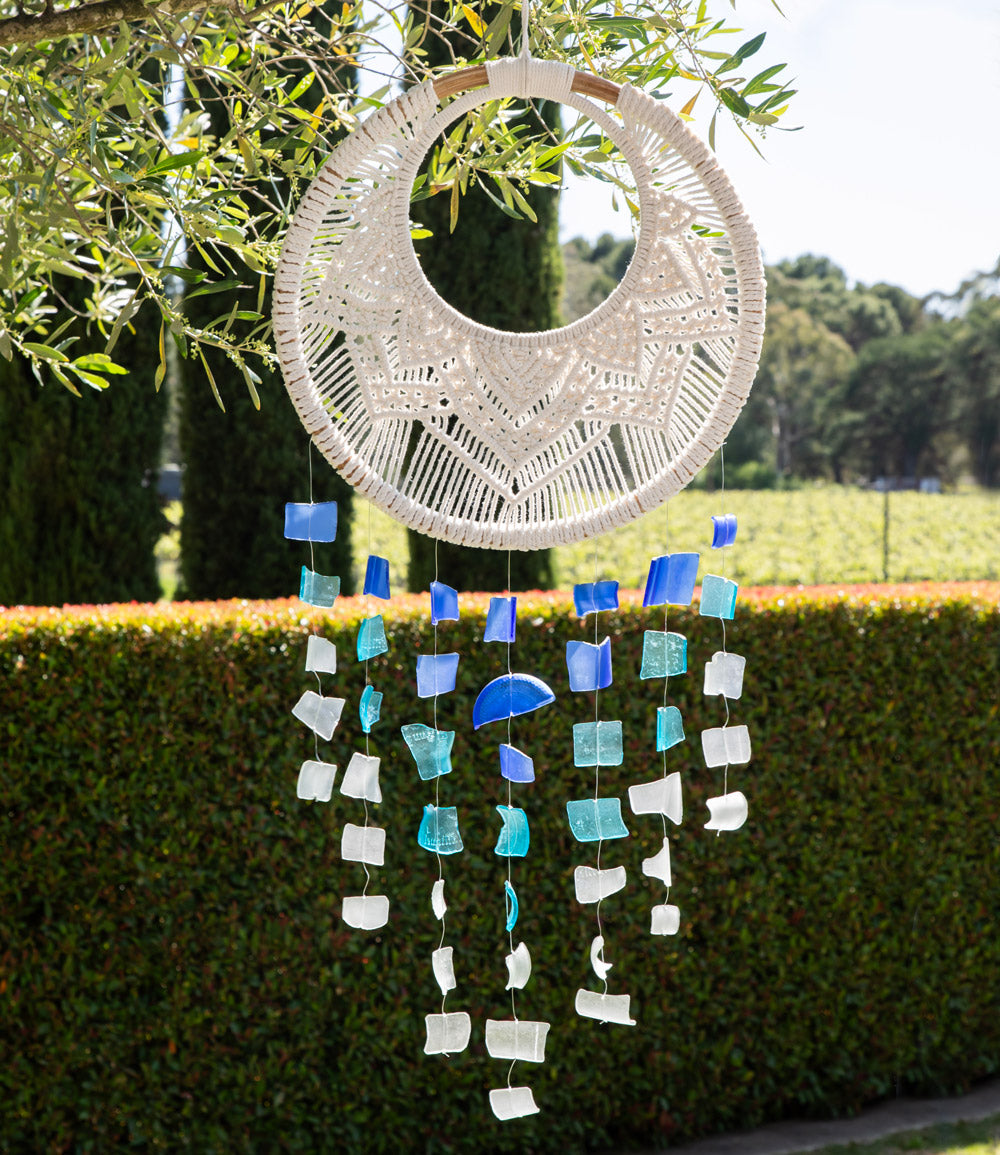 Recycled Glass Blue & Macrame Suncatcher 115x40cm