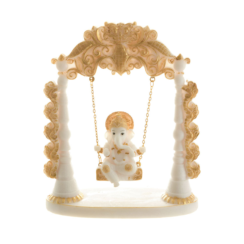 Ganesh on Swing Statue White & Gold 19x22cm