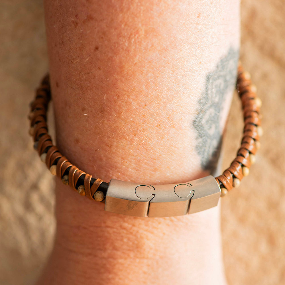 Men's Leather And Map Stone Bracelet