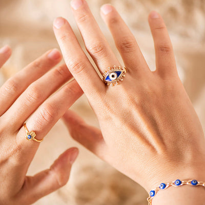 Beaded Brass Bracelet with Blue Evil Eyes