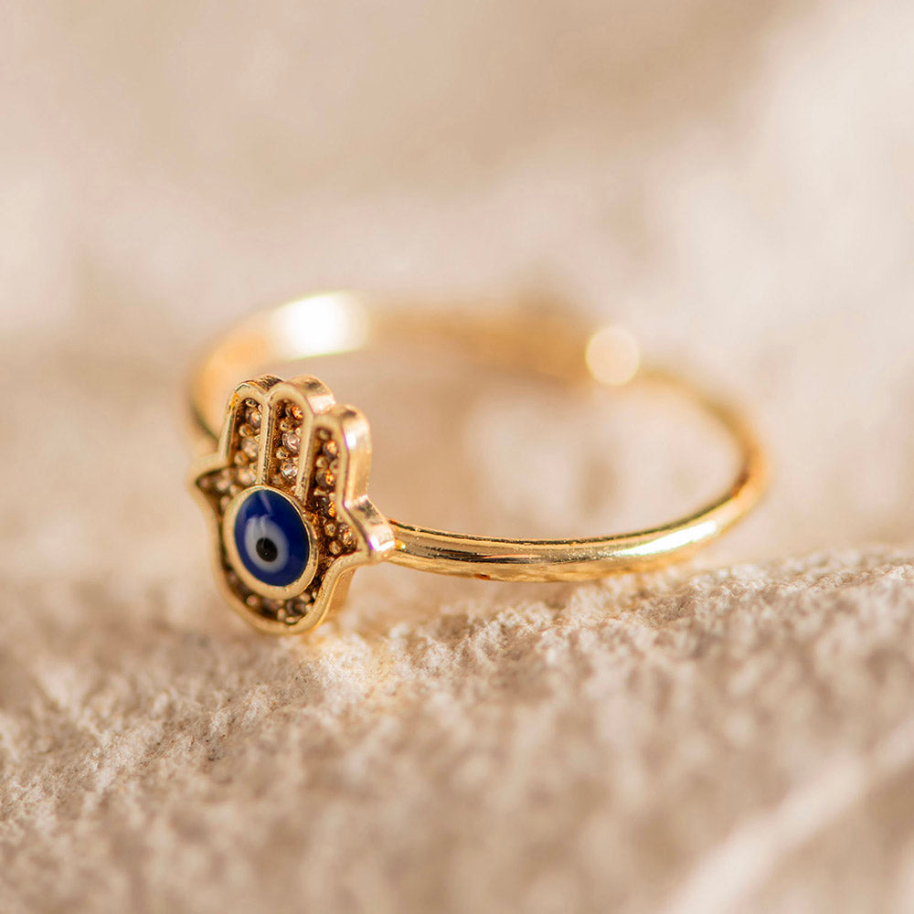 Evil Eye Hamsa Brass Adjustable Ring Dark Blue