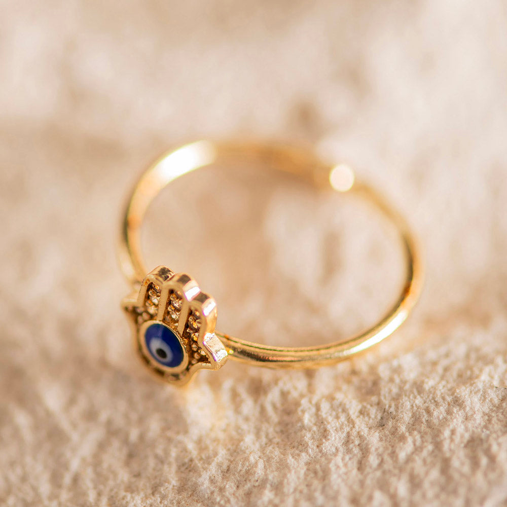 Evil Eye Hamsa Brass Adjustable Ring Dark Blue