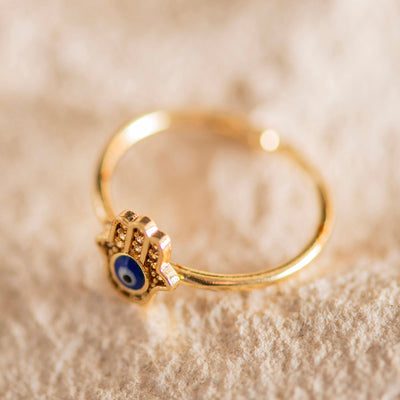 Evil Eye Hamsa Brass Adjustable Ring Dark Blue