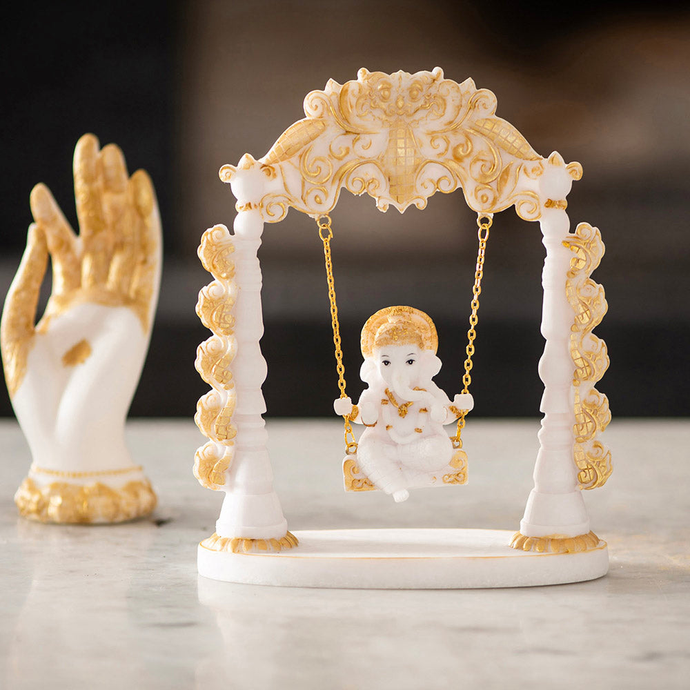 Ganesh on Swing Statue White & Gold 19x22cm