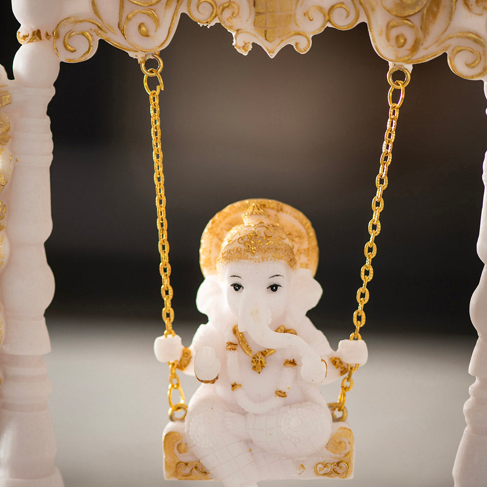 Ganesh on Swing Statue White & Gold 19x22cm